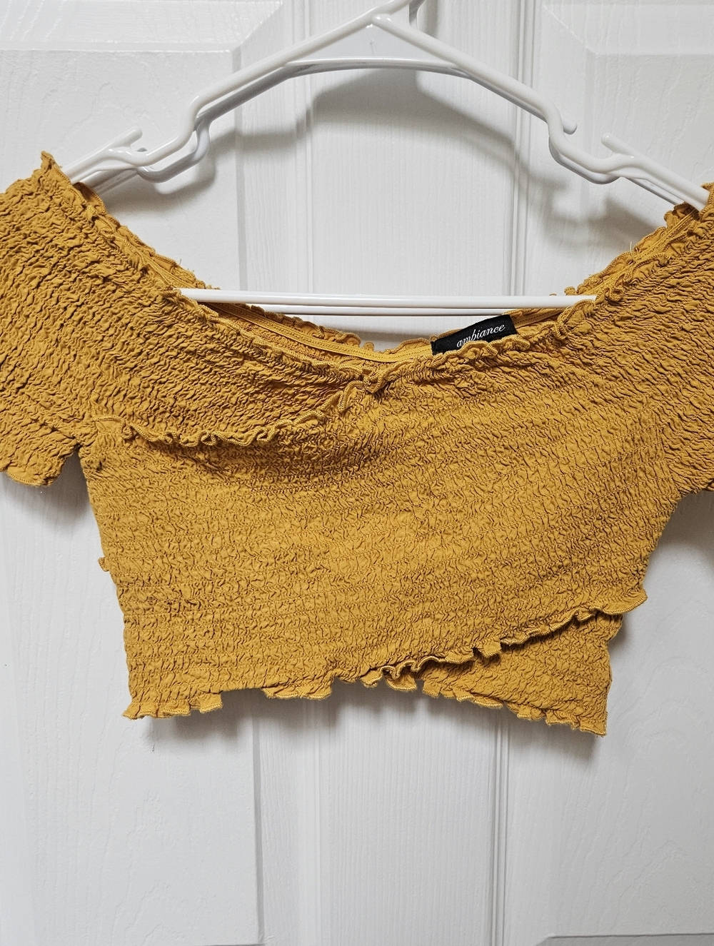 Ambiance Mustard Yellow Smocked Off-Shoulder Crop Top